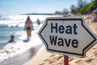 Sign with text 'Heat wave' in front of blurry sunny beach with people. KI generiert, generiert, AI