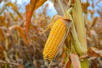 Corn maize stalk in open husk in sunny agricultural field. KI generiert, generiert, AI generated