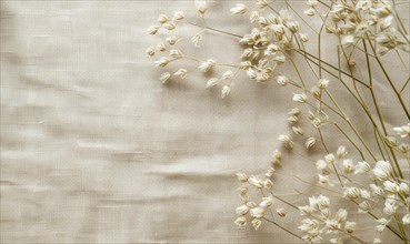 White flower in hemp material, space for text, ecology nature background AI generated