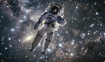 An astronaut on a spacewalk surrounded by the vastness of starry space, conveying solitude AI