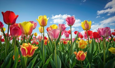 Field of vibrant tulips, spring nature, tulip background AI generated