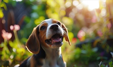 Happy Beagle puppy with floppy ears enjoying a sunny day in the garden AI generated