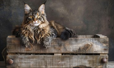 Maine Coon cat sitting proudly atop a rustic wooden crate AI generated