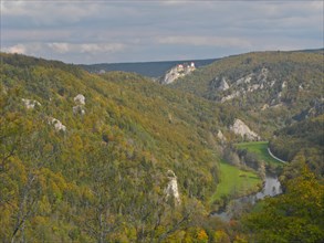 View of the Upper Danube valley with Bronnen Castle, autumn atmosphere, Fridingen, Tuttlingen