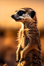 Meerkat standing on its hind legs vigilantly scanning the horizon of the Kalahari desert, AI
