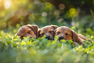Cute young dog puppies sleeping in grass. KI generiert, generiert, AI generated