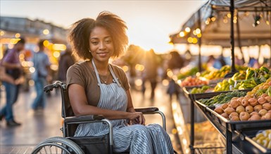 A serene scene of a woman in a wheelchair shopping at a vegetable market during sunset, AI