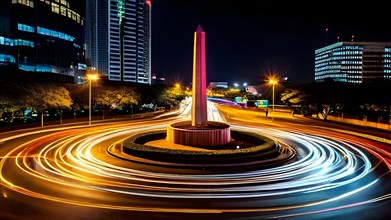 Circular trails of light from car headlights tracing movement around a city monument, AI generated