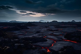 Expanse of farmland unusable covered by lava, AI generated
