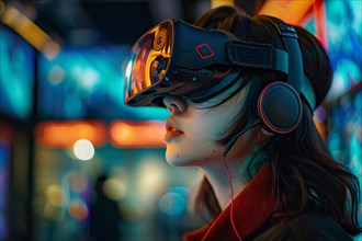 A woman immersed in a virtual reality experience with a VR headset and neon lights, AI generated