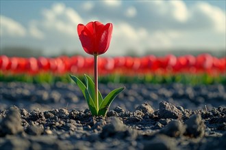 A solitary red tulip stands resiliently in dry soil against a field of red, AI generated