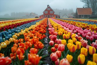 Serene view of a multicolored tulip field with Dutch farmhouses under a somber sky, AI generated