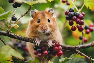 Cute hamster sitting in tree with red berries. KI generiert, generiert, AI generated