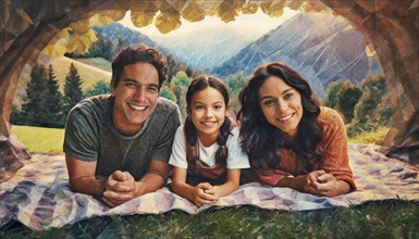 Cheerful family bonding on a picnic blanket with mountains in the background, AI generated