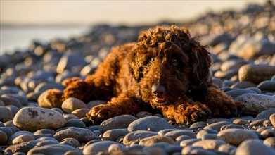 Water Dog lying on a pebble beach looking relaxed and contemplative, AI generated