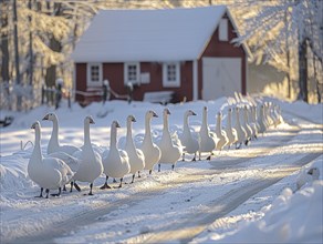 A flock of swans walks along a snowy country lane in the morning sun, AI generated, AI generated,