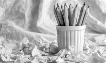 Graphite pencils arranged in a cup on a desk, surrounded by crumpled sheets of discarded white