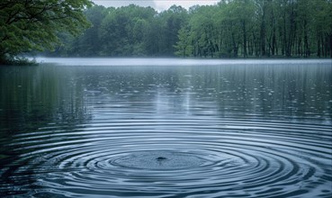 Springtime rain showers creating gentle ripples on the surface of the lake AI generated