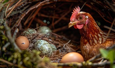 A hen guarding her freshly laid eggs in a nest AI generated
