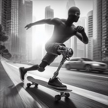 Black and white scene of a masked individual with a prosthetic leg skateboarding, AI generated