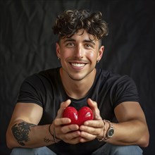 Young man with curly hair and tattoos smiling and holding a red heart, AI generated