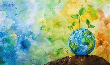 Vibrant watercolor painting of Earth with tree saplings growing on top AI generated