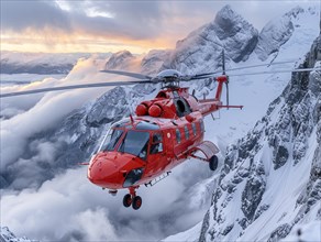 Ein roter Hubschrauber der Luftrettung nahe den schneebedeckten Bergen zur Daemmerstunde,