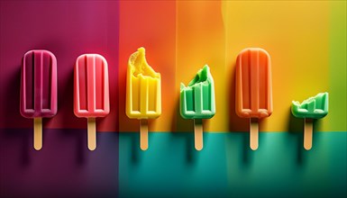 Colorful popsicles on a rainbow gradient background with some melting, horizontal, AI generated