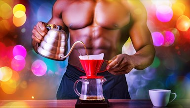 Black Bodybuilder brewing coffee with a kettle in a festive atmosphere with colorful lights in the