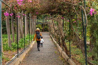 A mother and child enjoying and walking in a botanical garden. Family vacation concept