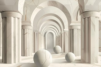 3D render of a serene marble hall with columns and spheres, illustration, AI generated