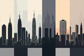 Geometric abstract skyline with warm and cool gradient segments, illustration, AI generated