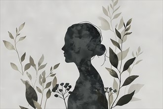 Silhouette of a woman's profile blending with botanical elements and foliage, illustration, AI