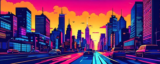 AI generated illustration of a dynamic cityscape with skyscrapers in vibrant colors
