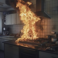 A modern hob in a kitchen bursts into violent flames, AI generated