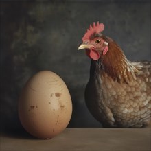 A chicken looks at an egg lying next to it under dimmed light, AI generated