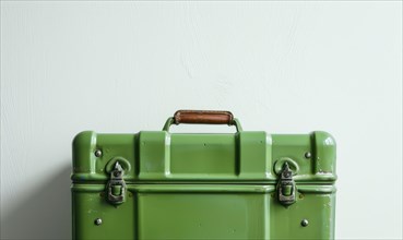 Vintage green suitcase with a leather handle against a textured wall AI generated