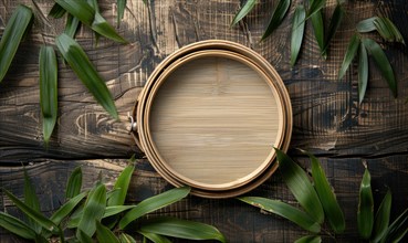 Delicate bamboo frame on minimalistic natural material, space remember AI generated