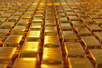 An array of meticulously arranged gold bars casting a warm glow, illustrating immense wealth and