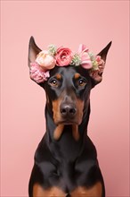 Doberman dog with flower crown on pastel studio background. KI generiert, generiert, AI generated