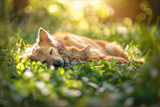 Lovely young dog and cat cuddling while sleeping in grass. KI generiert, generiert, AI generated