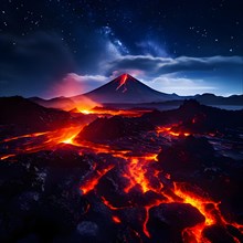 Night time drone shot of volcano mid eruption lava flows illuminating the darkness, AI generated