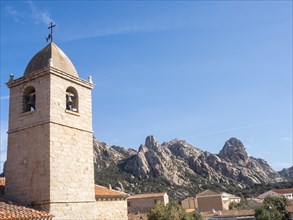 Church tower, behind Monte Cugnana, San Pantaleo, Sardinia, Italy, Europe