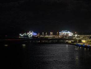 Ferries in the harbour, night shot, Olbia, Sardinia, Italy, Europe