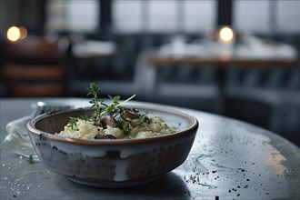 A bowl of pasta with mushrooms, cheese, and herbs in a rustic, dimly lit setting, AI generated