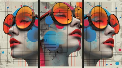 A vibrant abstract mural displaying a stylized face with sunglasses, interlaced with musical