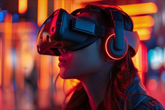 Woman in virtual reality headset illuminated by vibrant neon lights, AI generated