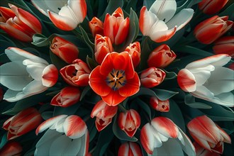 Top view of vibrant red and white tulips creating a mesmerizing pattern, AI generated