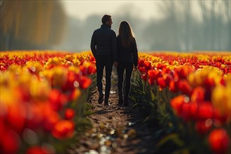 Back view of a couple holding hands in a tulip field at sunrise with a dreamy bokeh effect, AI