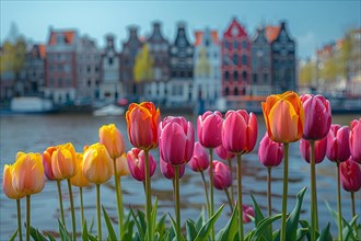 Vibrant tulips bloom along the water with Amsterdam houses in the backdrop, AI generated